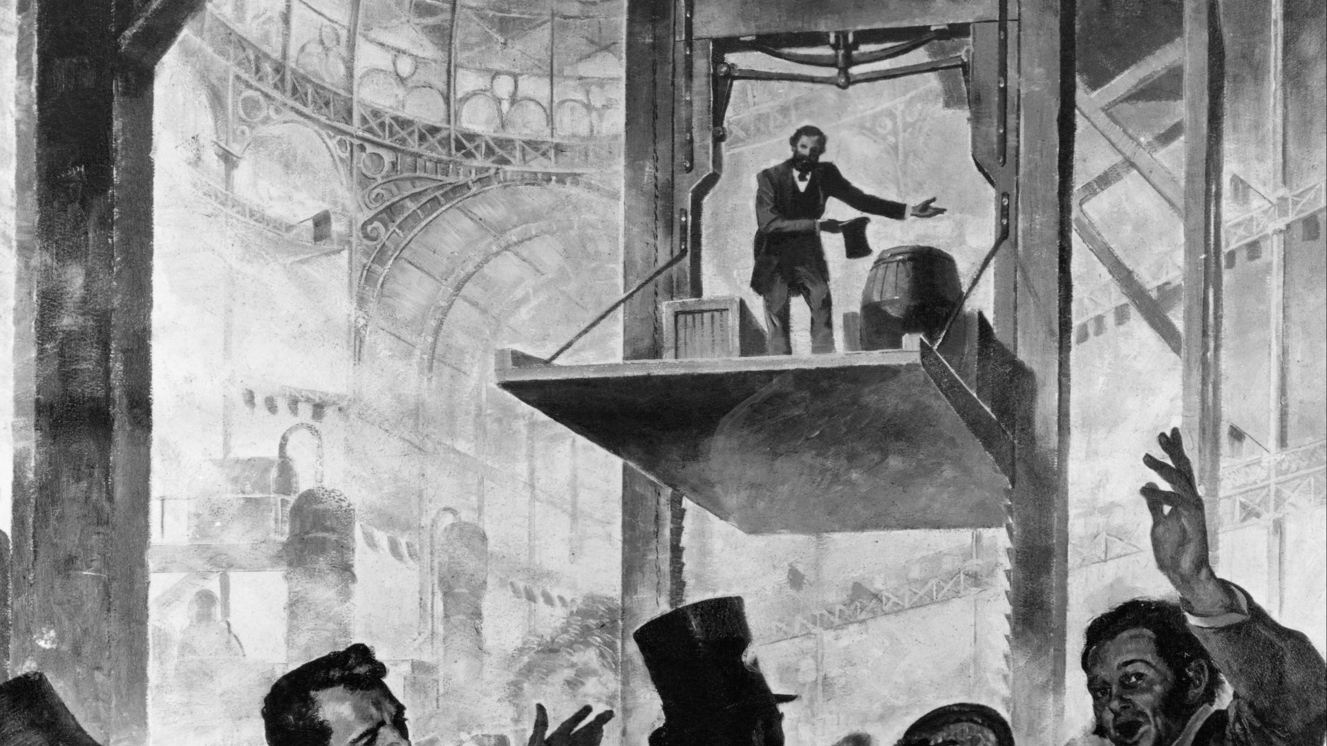 Elisha Otis demo of his free-fall prevention mechanism, New York Crystal Palace, 1854.