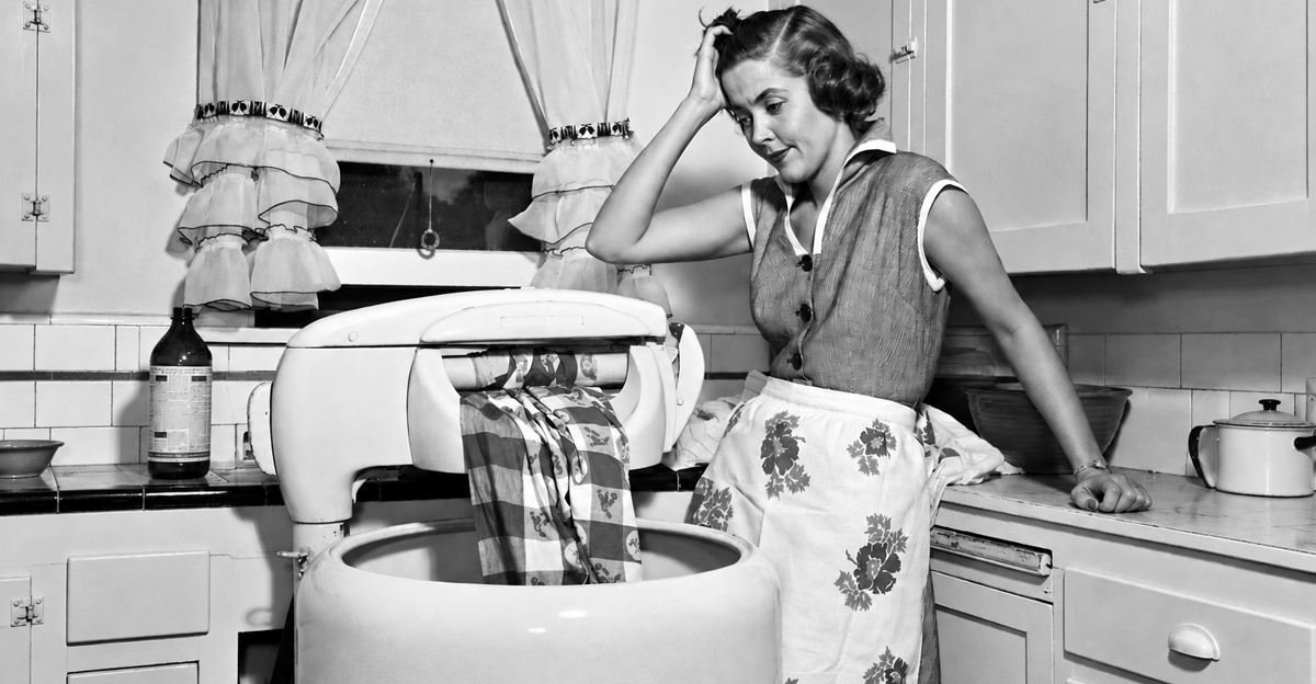 1950s frustrated housewife with jammed wringer on clothes washing machine in kitchen