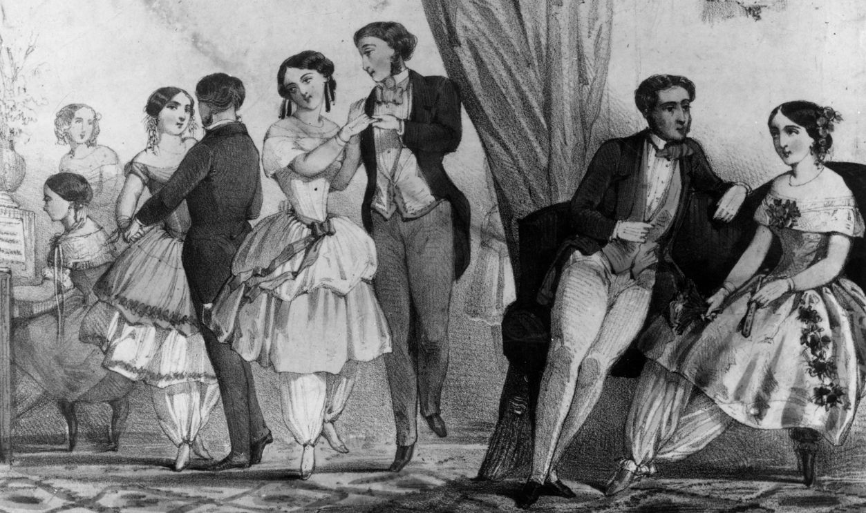 Women in Bloomers, loose trousers gathered at the knee or ankle, a fashion started by American magazine editor Amelia Bloomer. It did not catch on but did re-appear as swimwear.