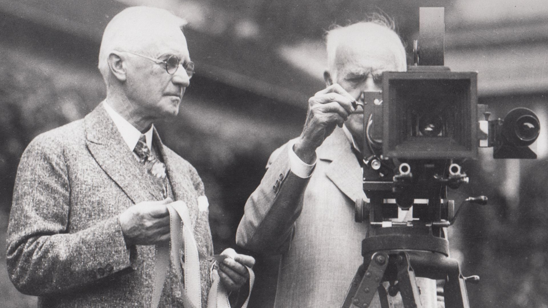 George Eastman and Thomas Edison examining a motion picture camera at the introduction of Kodacolor film at Eastman's home.
Keywords: thomas edison; george eastman; motion pictures; Edison; Thomas A.; (EDIS Historical Photo Series Name)