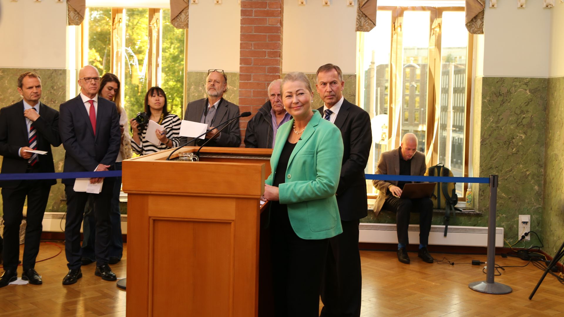 Announcement of the Nobel Peace Price for 2016 at the Nobel Institute in Oslo. Kaci Kullmann Five and  Olav Njølstad from The Norwegian Nobel Committee, press