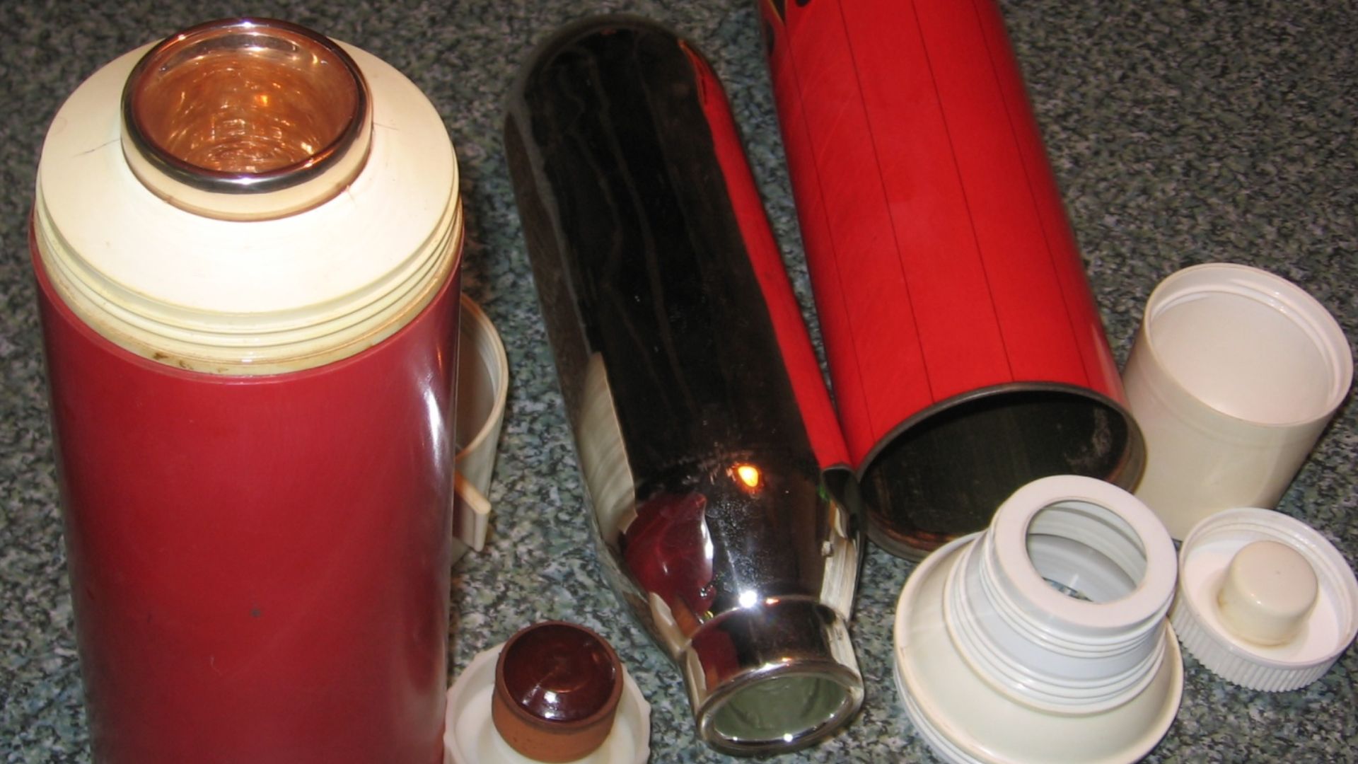 Thermos:

left - ready for use
right - disassembled to show vacuum flask (mirror-like glass container)