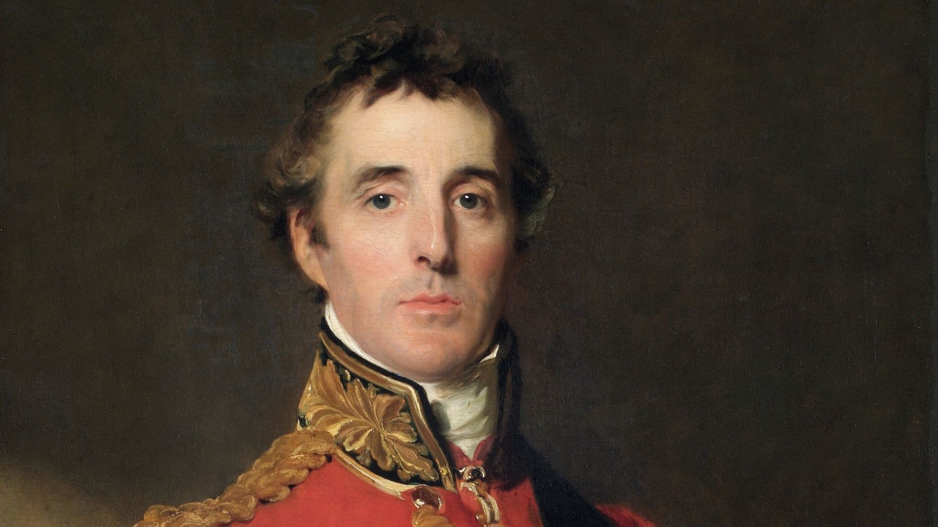 The Duke of Wellington is standing at half-length, wearing Field Marshal’s uniform, with the Garter star and sash, the badge of the Golden Fleece, and a special badge ordered by the Prince Regent to be worn from 1815 by Knights Grand Cross of the Military