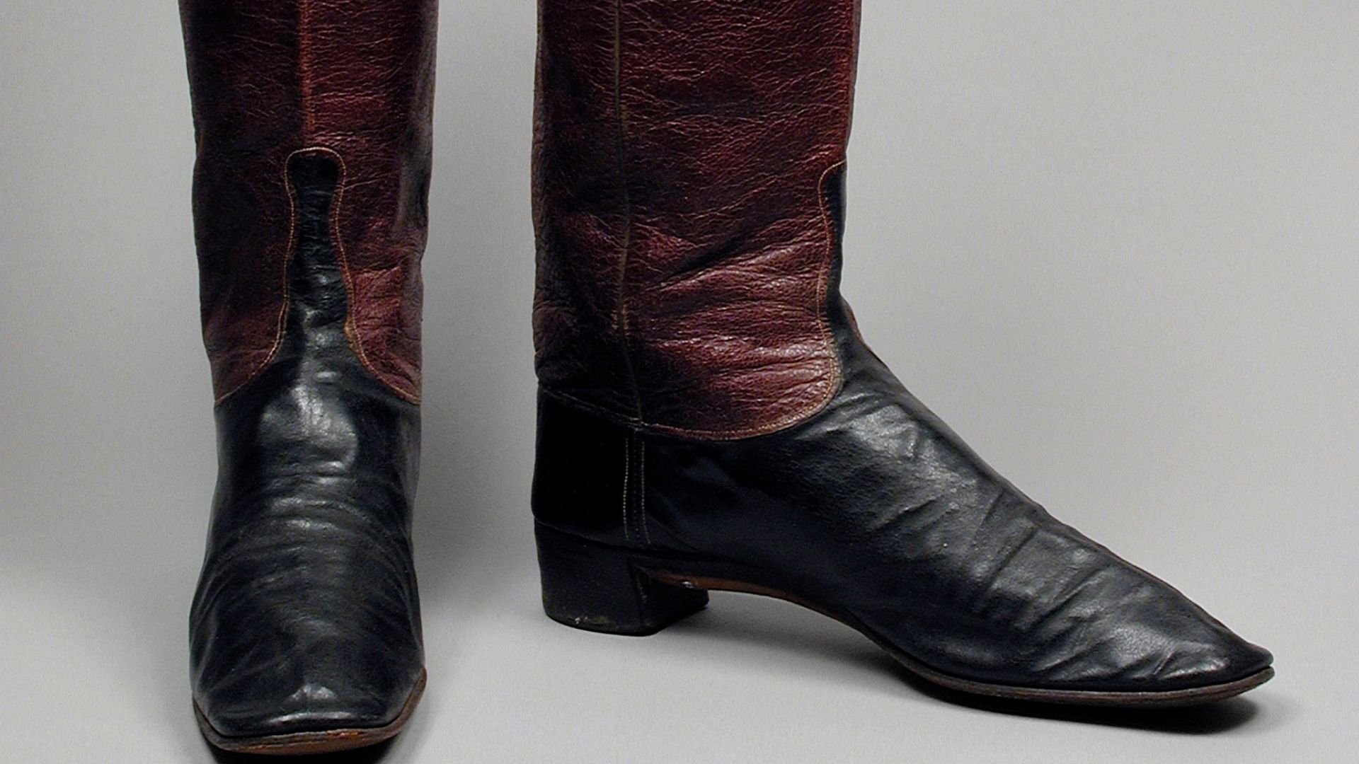 Probably England, circa 1845
Costumes; Accessories
Patent leather, leather, sueded leather
Height:  14 1/4 in. (36.2 cm); Length:  10 in. (25.4 cm) each
Mrs. Alice F. Schott Bequest (M.67.8.139a-b)
Costume and Textiles