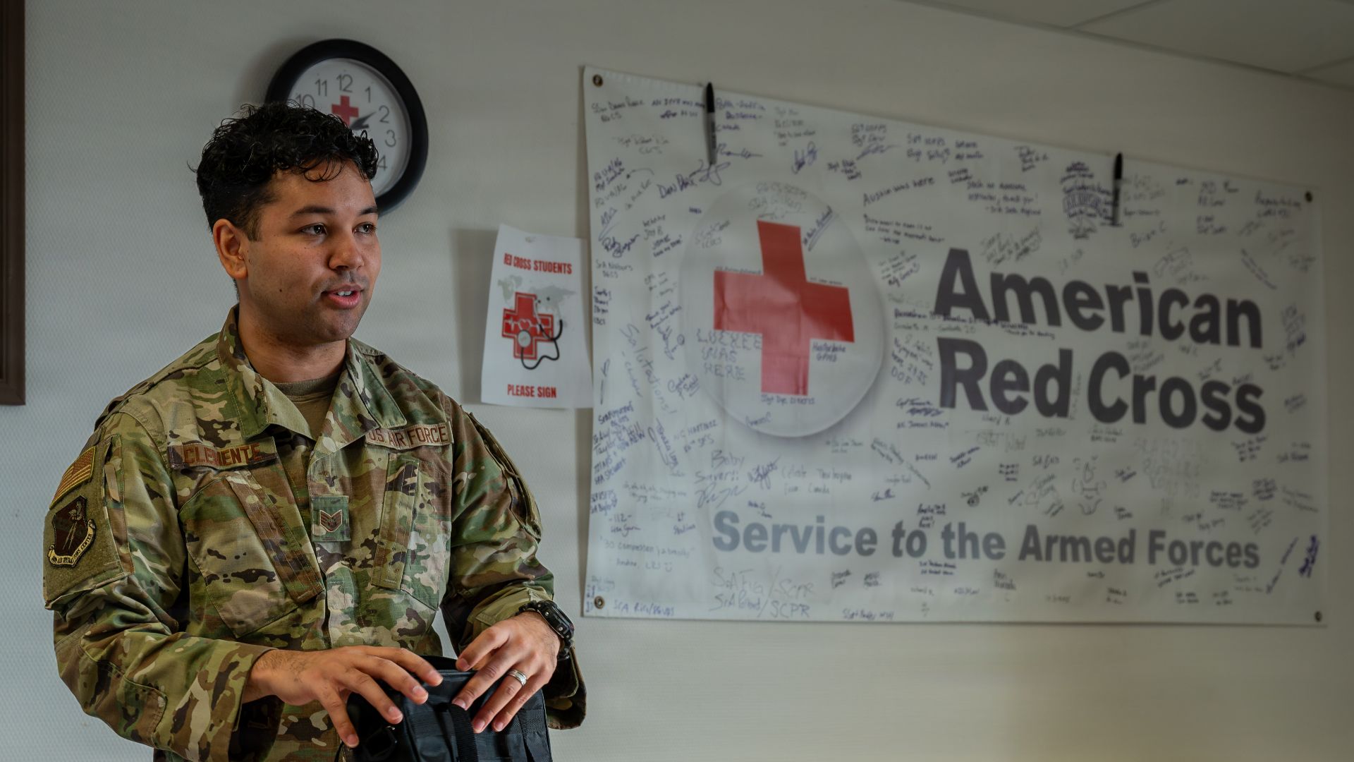 U.S. Air Force Staff Sgt. Jonathan Clemente, 603rd Air Operations Center enlisted executive, conducts an Adult and Pediatric First Aid/CPR/AED course at Ramstein Air Base, Germany, Jan. 22, 2026. The American Red Cross Ramstein Office trains approximately