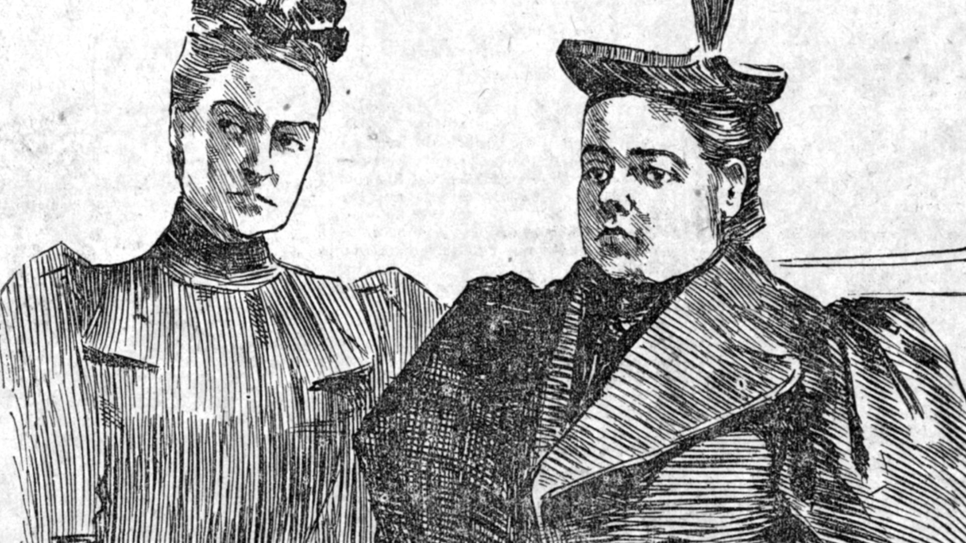 Maria Barbella (or Barberi) (right) at her second murder trial in 1896. Maria was the second woman sentenced to die in the electric chair. She was convicted of killing her lover in 1895; however, the ruling was overturned in 1896 and she was freed. Illust