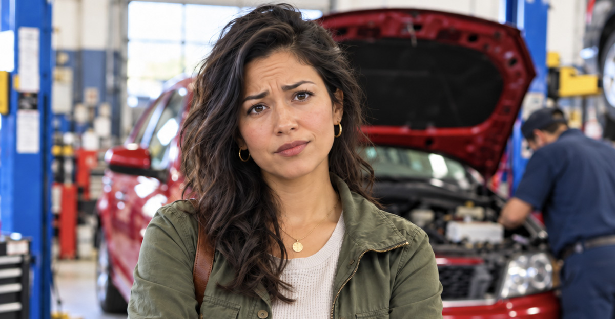 AI-generated image of a woman worried about a costly emissions repair.