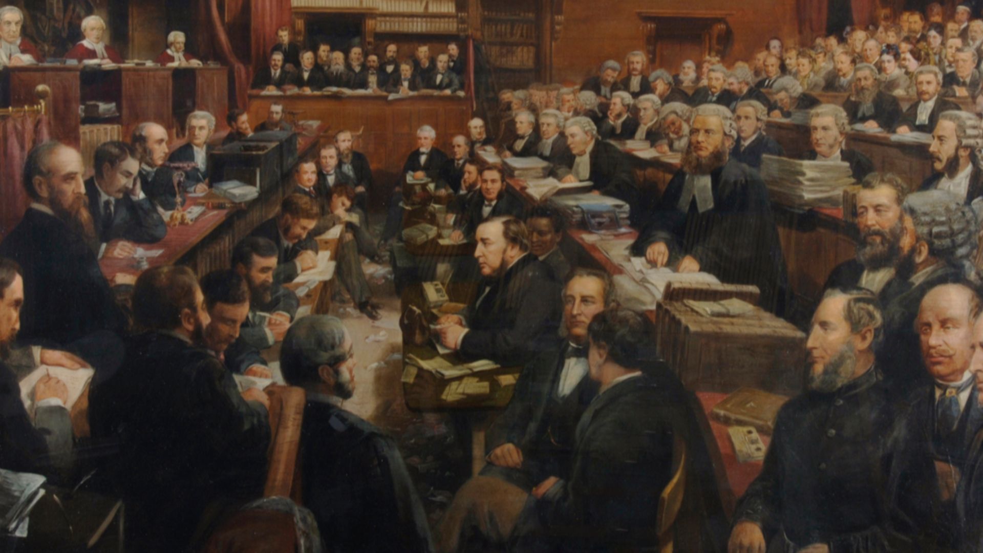Scene from the Tichborn criminal trial (Regina v. Castro), which took place in 1873–74 at the Court of Queen's Bench, London. The Claimant (probably named Arthur Orton) is the bearded man in the lower centre of the picture, facing left; he is sitting in f