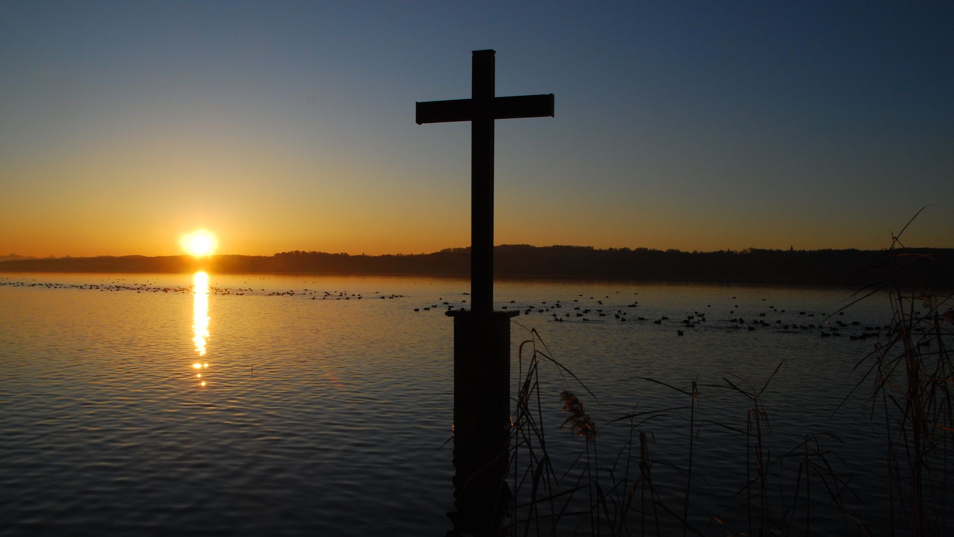 Berg am Starnberger See, Nähe Parkweg. Holzkreuz im flachen Uferwasser des Starnberger Sees zur Erinnerung an den dortigen Tod des Königs Ludwig II. am 13. Juni 1886.