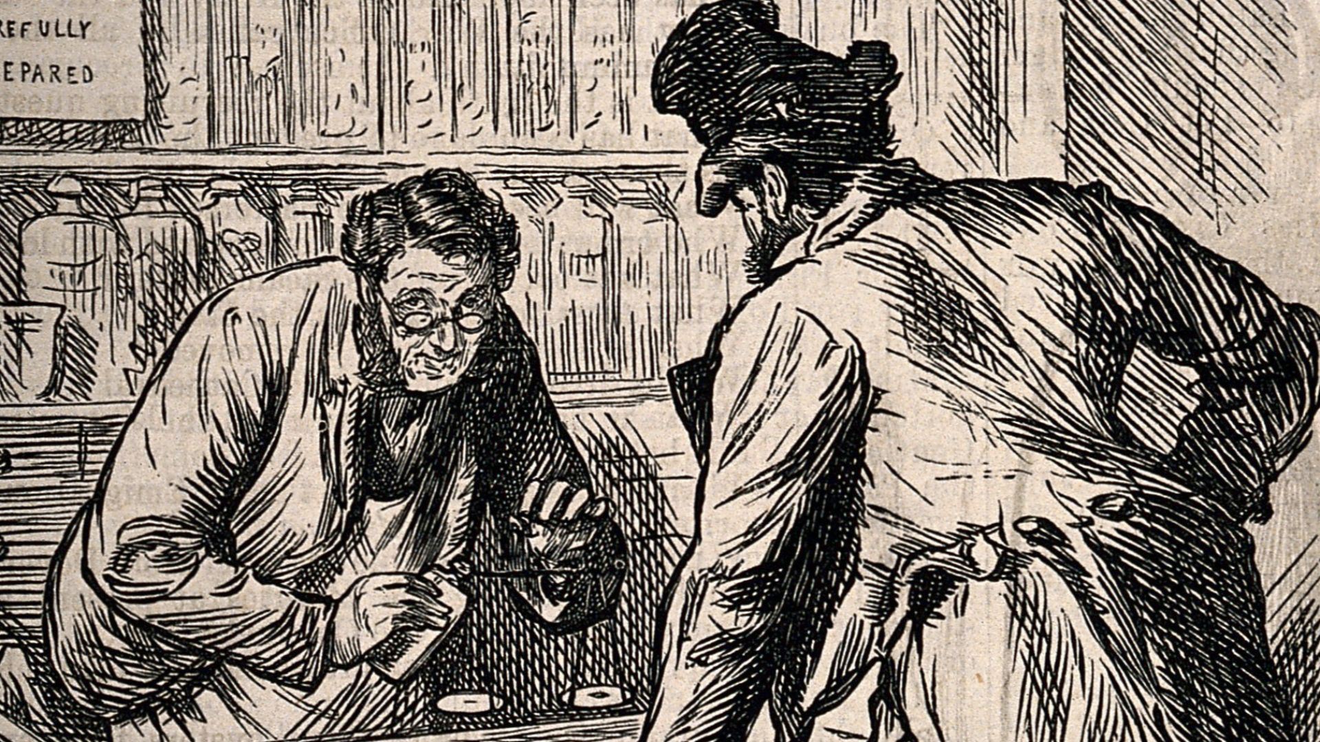 An Irish man is having a prescription made up in a pharmacy shop, he complains to the pharmacist about the small quantity of medicine he is being given. Wood engraving by C. Keane, 1874.

Iconographic Collections
Keywords: Charles Keene