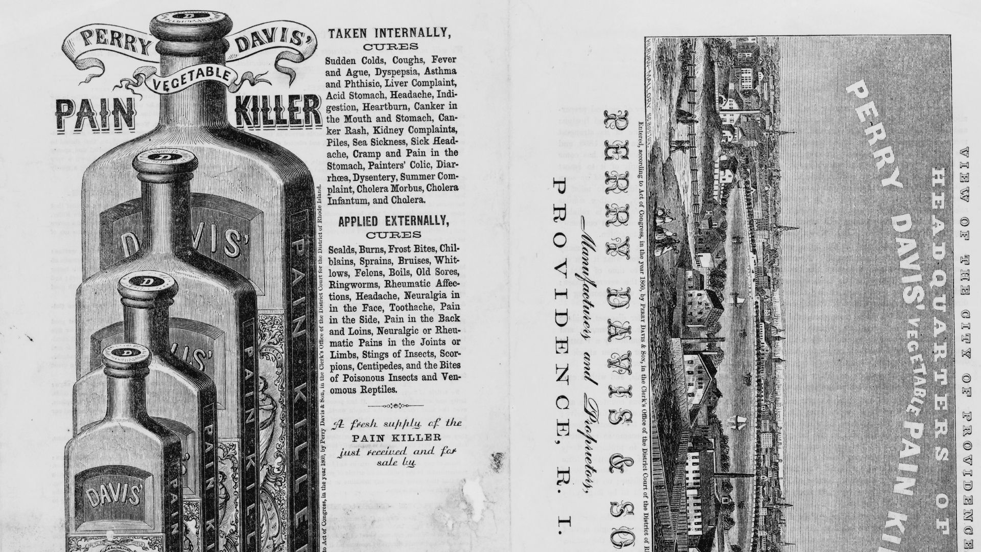 Title: Patent medicine labels for Perry Davis & Son, showing view of Providence, R.I., and four patent medicine bottles] / Kilburn & Mallory sc., Boston
Abstract/medium: 2 prints (2 p.) : engraving.