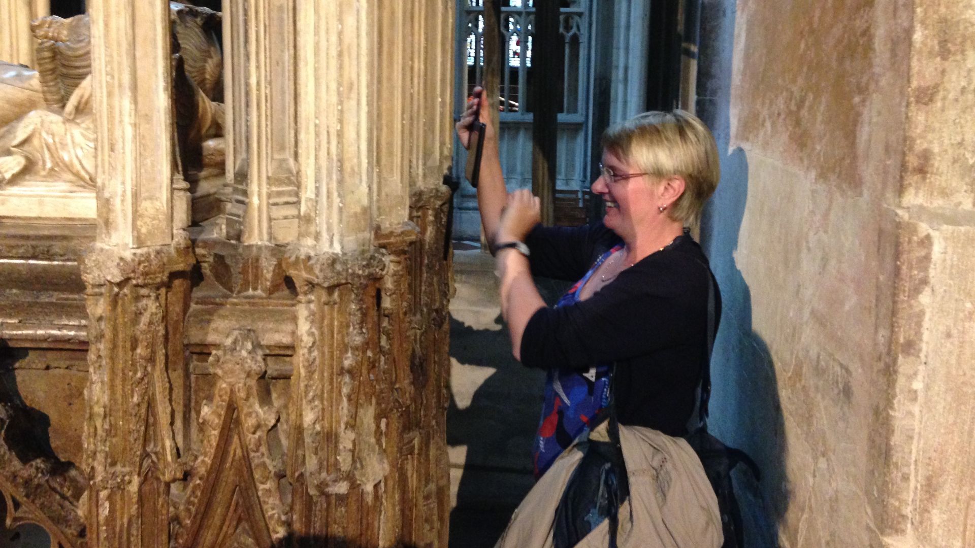 Historical author Kathryn Warner at the tomb of Edward II in Gloucester