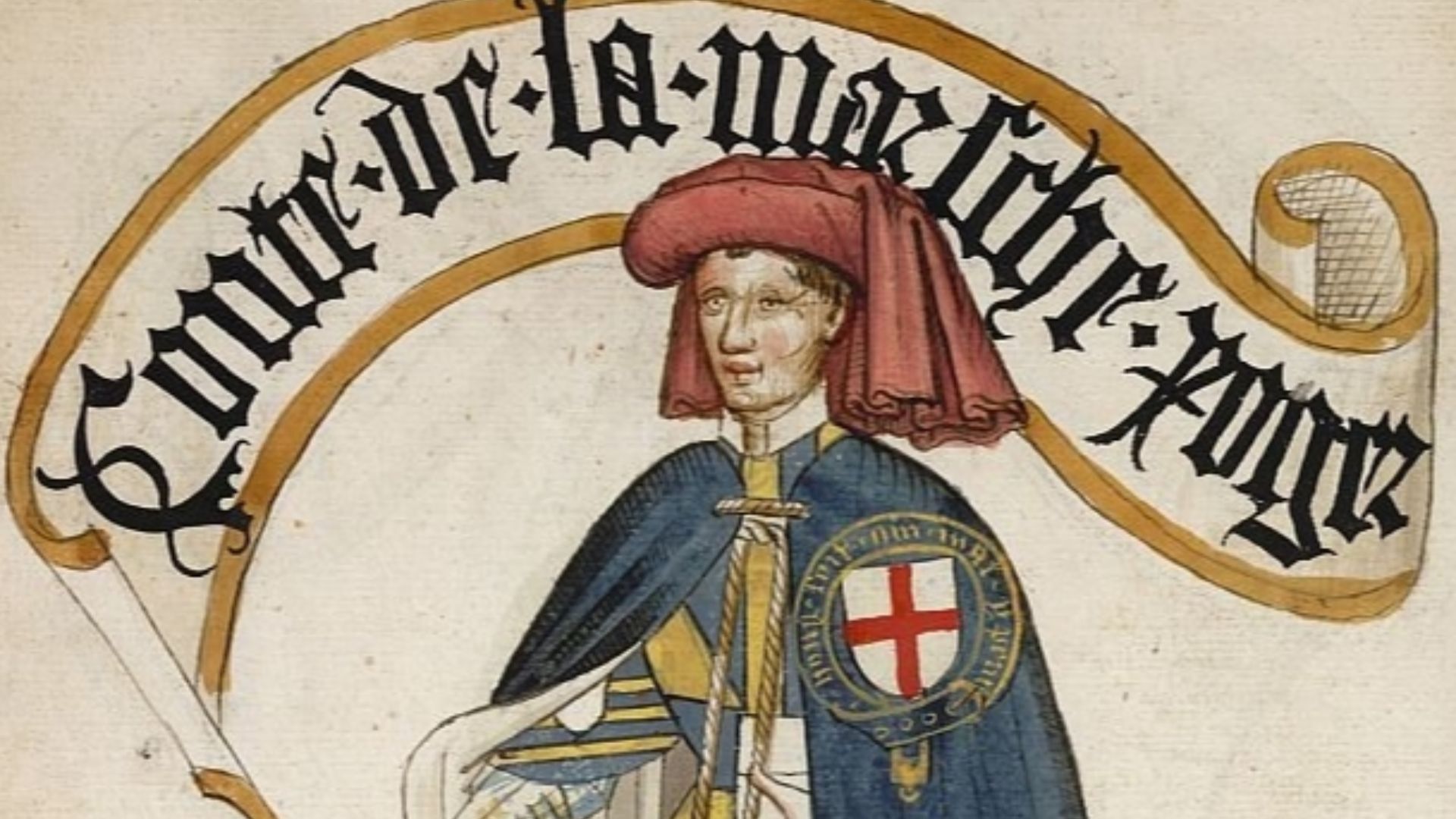 Conte de la Marsche Roger, Roger Mortimer, 2nd Earl of March KG from the Bruges Garter Book, 1430/1440, BL Stowe 594