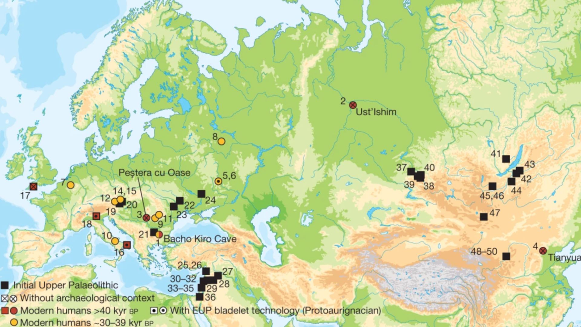 Sites with modern human genome-wide data older than 40 kyr bp (red circles) or older than 30 kyr bp (yellow circles), sites in Europe with modern human remains older than 40 kyr bp (red squares) and sites with Initial Upper Palaeolithic (IUP) assemblages 