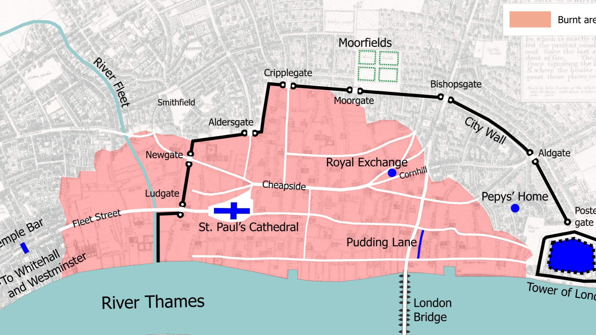 Map of central London in 1666, showing landmarks related to the Great Fire of London.

Drawn by Bunchofgrapes in Corel Draw, using public domain Image:Map.London.gutted.1666.jpg as both a reference and background.