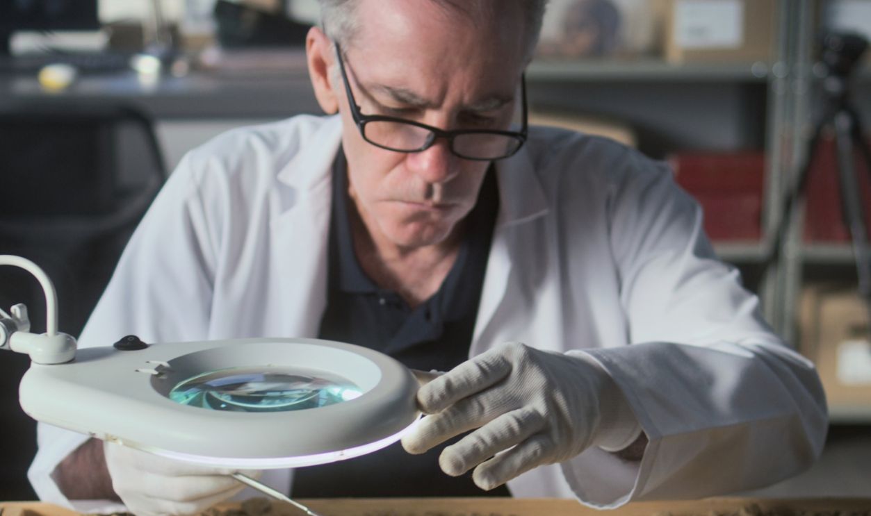 Senior archaeologist cleans ancient extinct human or animal bones in sand after excavation using brush and tools, studies fossil remains in archaeological lab. Male colleague works in the background.