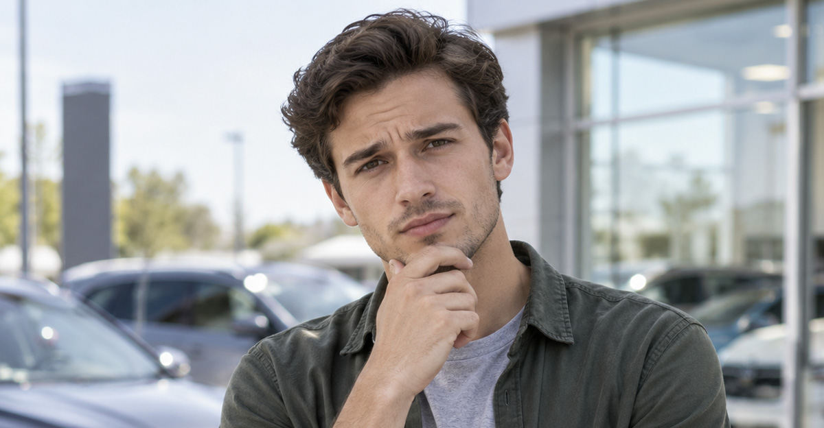AI-generated image of a man worried about his used car's history.