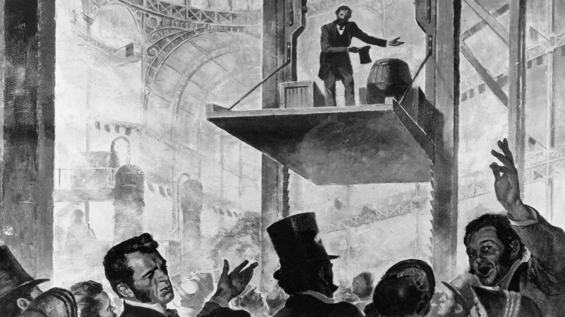Elisha Otis demo of his free-fall prevention mechanism, New York Crystal Palace, 1854.