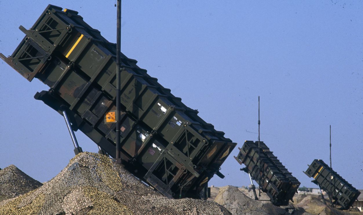 Patriot missile launchers are ready for use at the airbase in Dhahran, Saudi Arabia. The American Patriot missiles were used throughout the Persian Gulf War to defend against Iraqi Scud missile attacks.