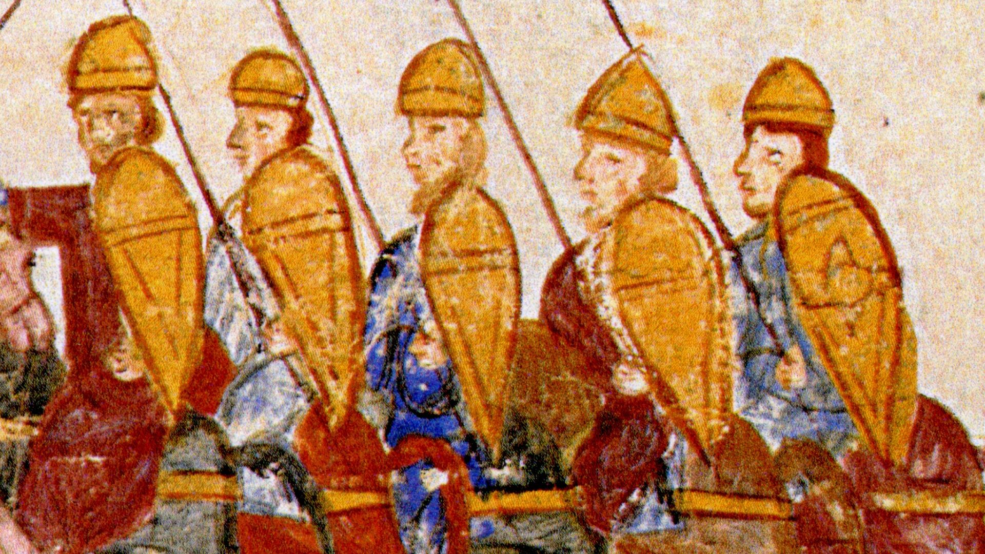 Skyllitzes Matritensis, fol. 184v, detail. 
Miniature:

Bulgarians ambush and kill the governor of Thessalonica, Duke Gregory Taronites.
Text from the Chronicle of John Skylitzes: