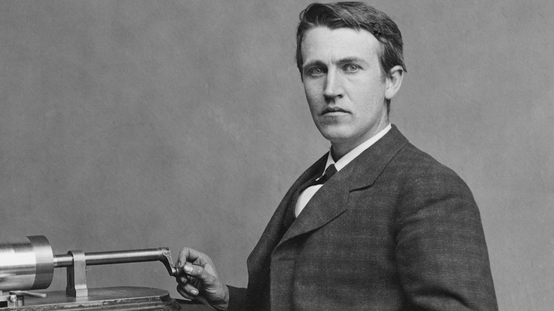 Thomas Edison and his early phonograph.  Cropped from U.S.A. Library of Congress copy. Edited Version. Dust removed by Arad.