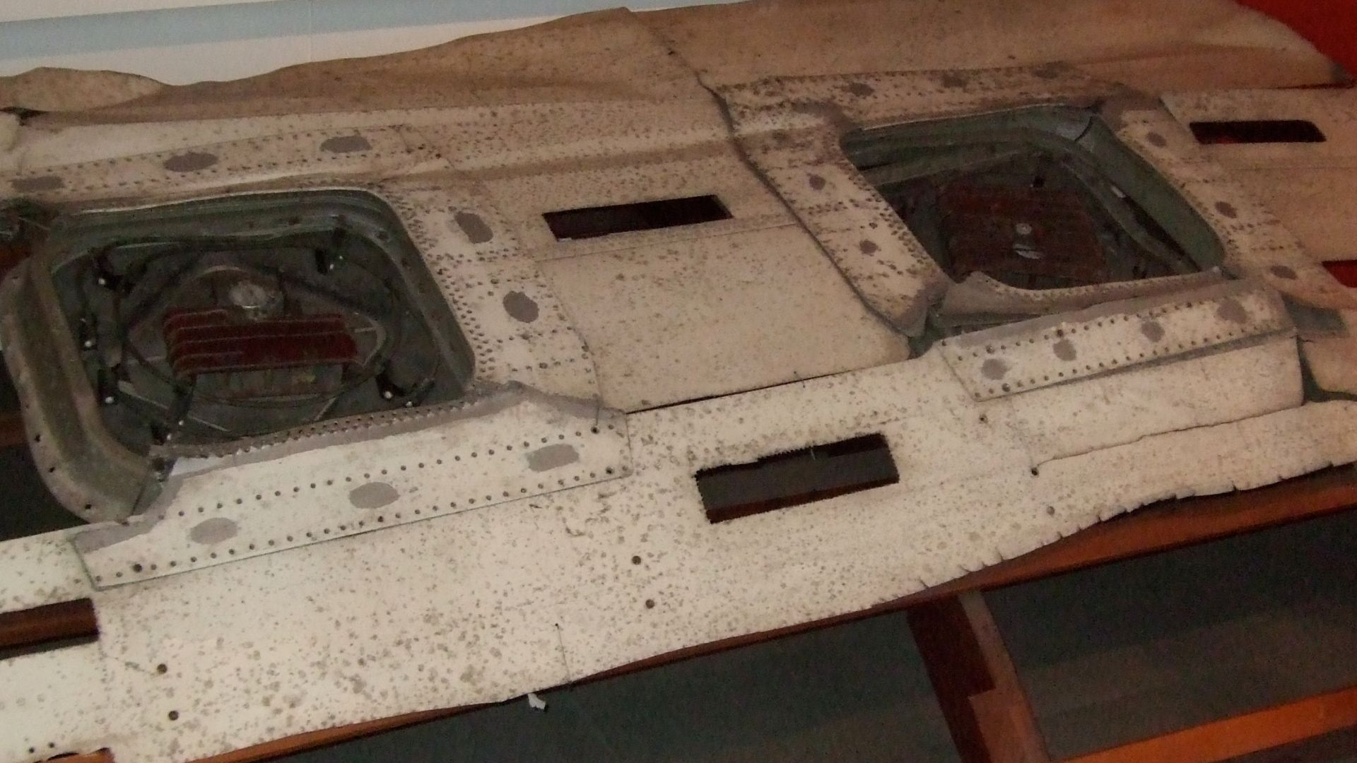 Fuselage fragment of de Havilland Comet G-ALYP which crashed January 10, 1954. This fragment, retrieved from the bottom of the Mediterranean Sea, was determined to be the original cause of the crash as it tore loose.