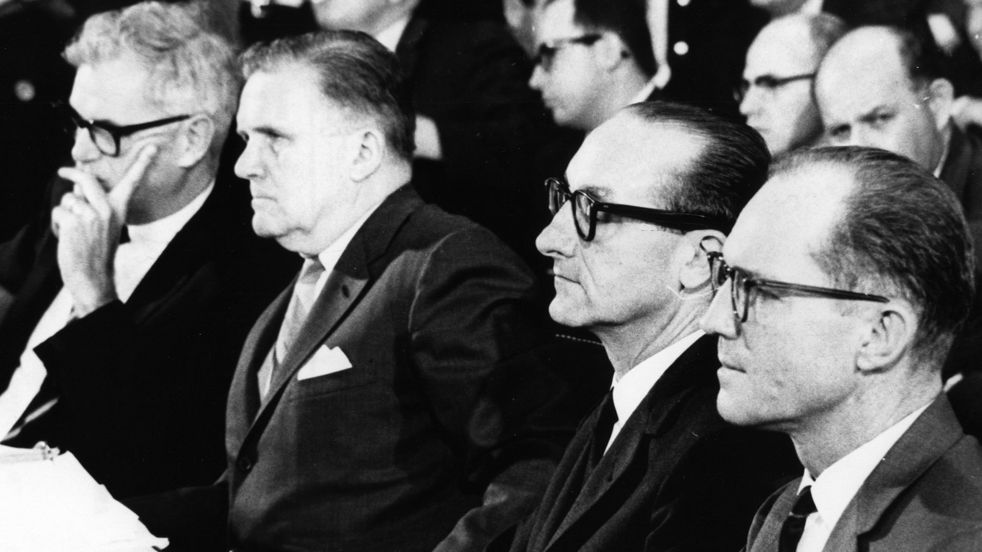 Seated at the witness table before the Senate Committee on Aeronautical and Space Services, chaired by Senator Clinton P. Anderson, on the Apollo 1 (Apollo 204) accident are (left to right):
Dr. Robert C. Seamans, NASA Deputy Administrator
James E. Webb, 
