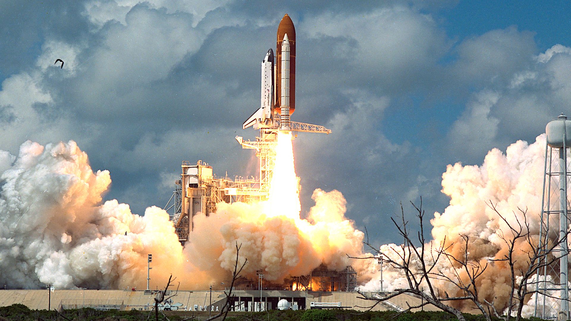 The Return to Flight launch of the Space Shuttle Discovery and its five-man crew from Pad 39B at 11:37 a.m. September 29, 1988, as Discovery embarked on a four-day, one-hour mission.