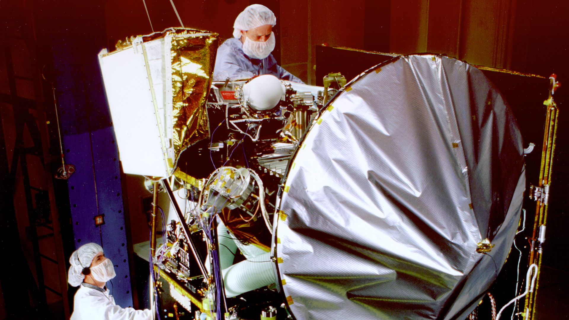 The Mars Surveyor '98 Climate Orbiter is shown here during acoustic tests that simulate launch conditions. The orbiter was to conduct a two year primary mission to profile the Martian atmosphere and map the surface. To carry out these scientific objective