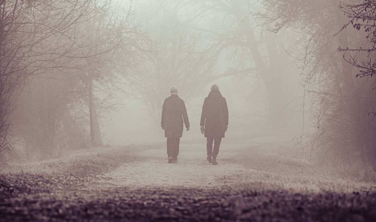 Two people walk through a dense fog-covered path surrounded by bare trees, creating a mysterious atmosphere