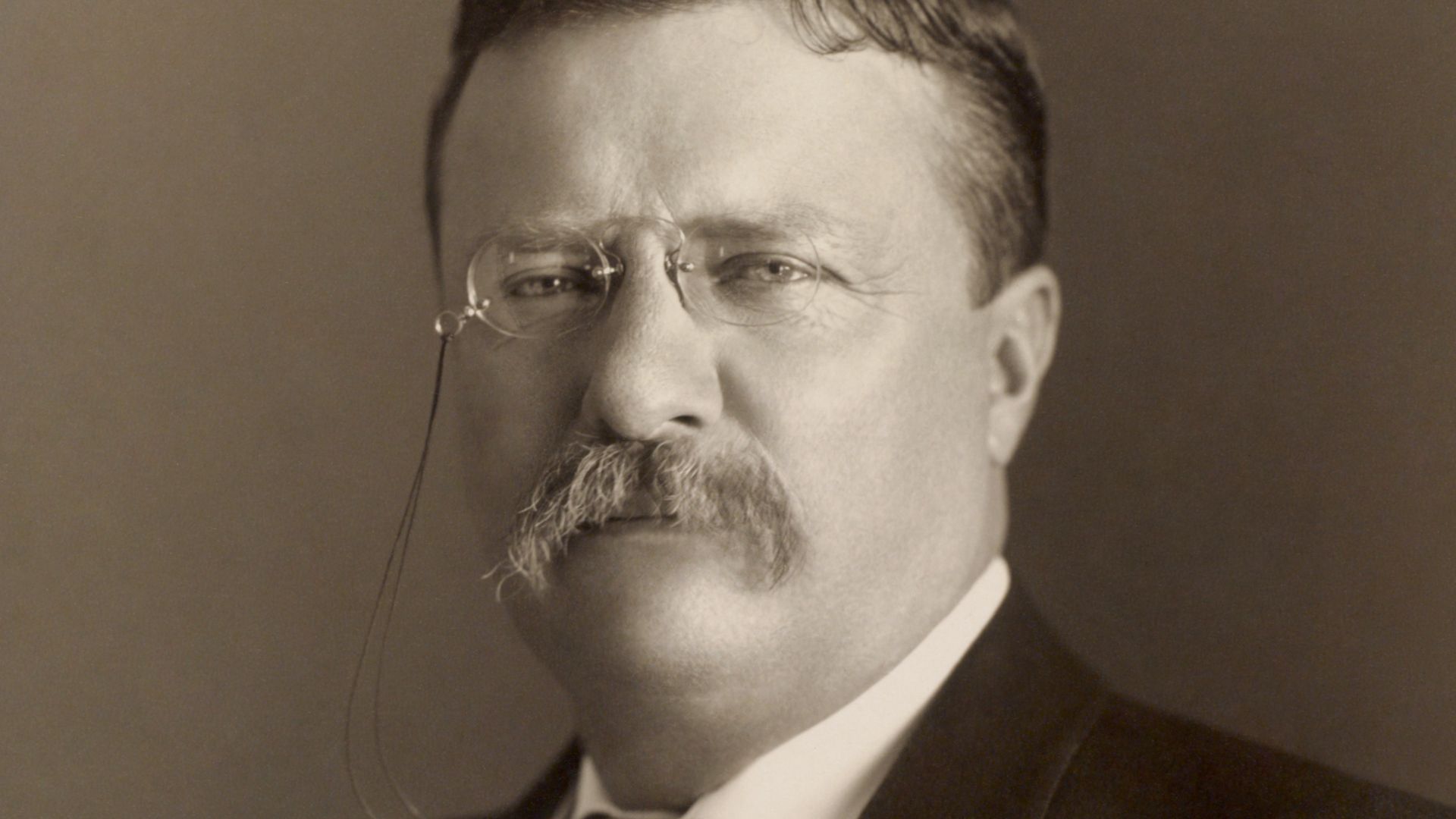 Photograph of Theodore Roosevelt showing head and shoulders, facing slightly left. No information on size of the photo given.