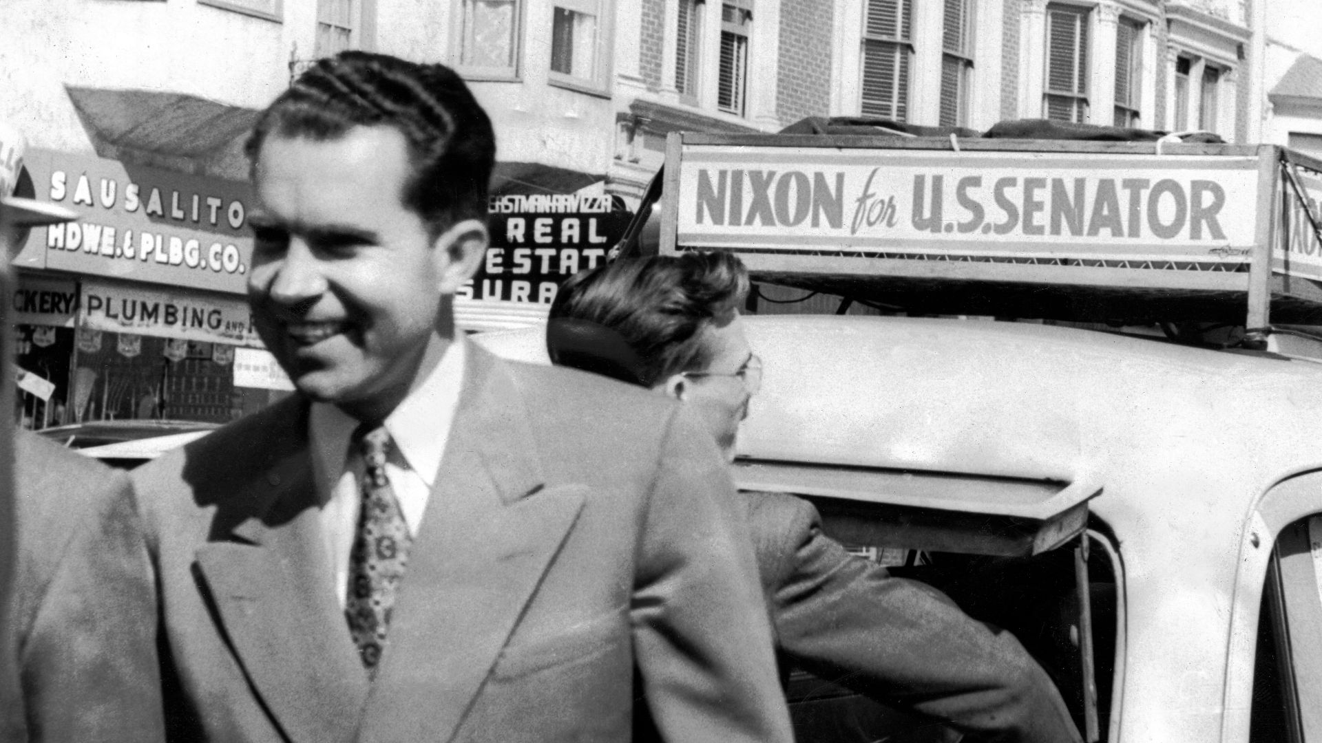 Richard Nixon campaigns in Sausalito, Calif during the primary campaign of the 1950 Senate race.