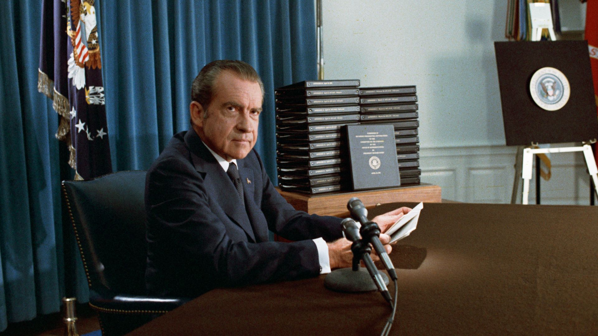 President Nixon, with edited transcripts of Nixon White House Tape conversations during broadcast of his address to the Nation.

Access  Restrictions: Unrestricted
Use Restrictions: Unrestricted
Roll-Frame number:   WHPO C1269-20