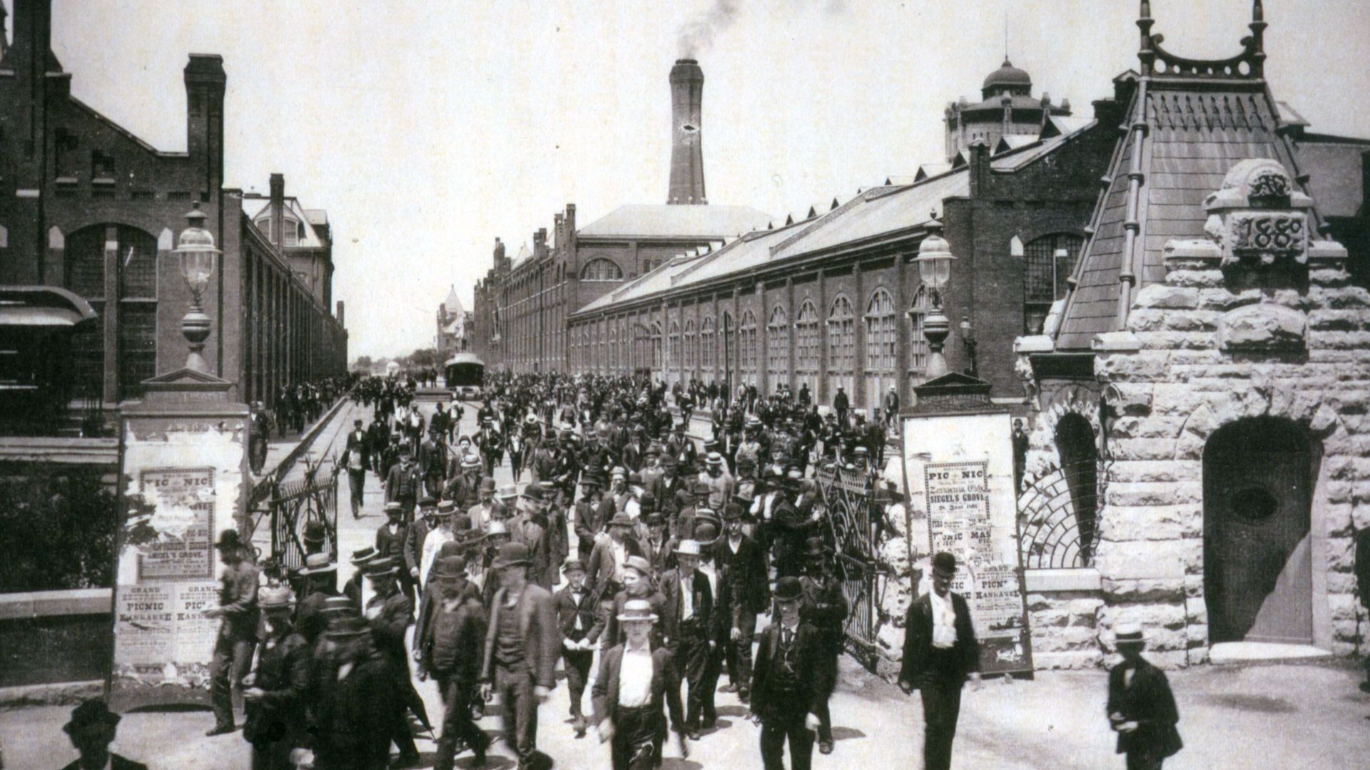 Workers leave the Pullman Palace Car Works, 1893. This picture appeared in a promotional booklet celebrating the paternalistic labor policies of George Pullman. A year later Pullman's workers were at the center of a national strike of rail workers that fa