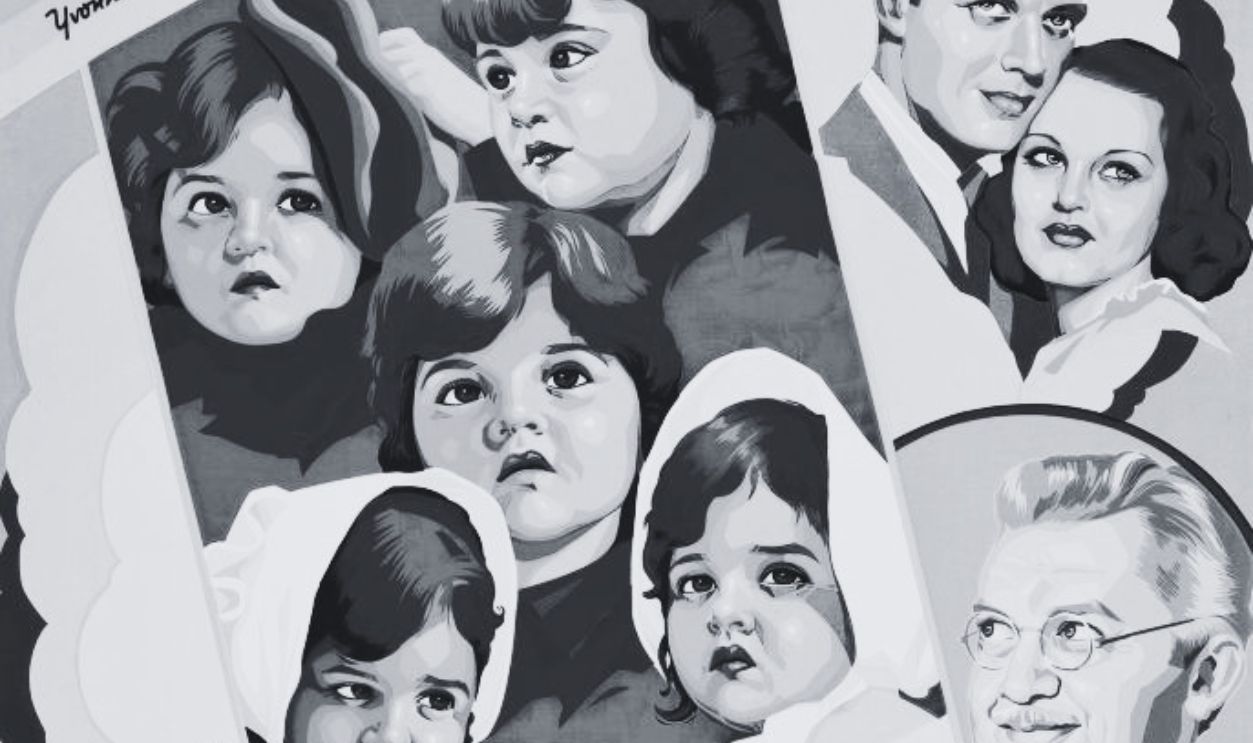 Reunion, poster, US poster art, left: the Dionne quintuplets - Cecile, Yvonne, Annette, Emilie, Marie; right from top: Robert Kent, Rochelle Hudson, Jean Hersholt, 1936.