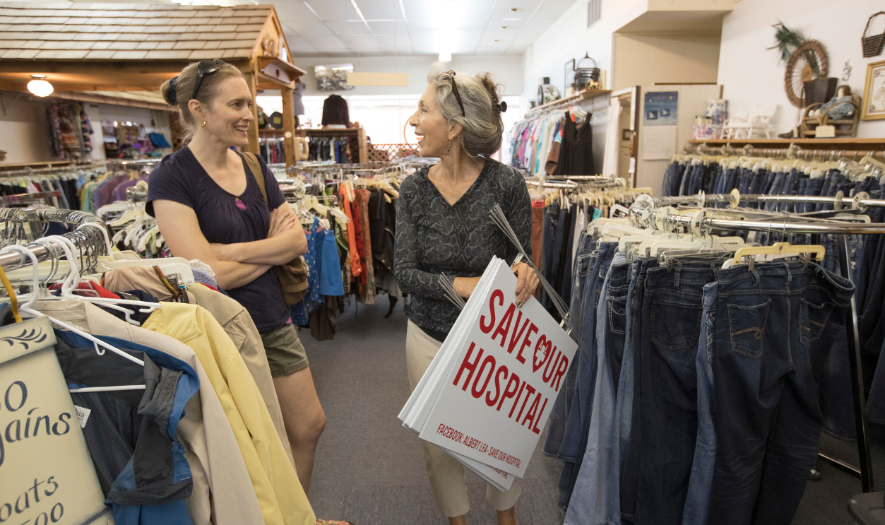  Jennifer Vogt-Erickson left and Clemencia Gujral talked at the Mary-Go-Round Shoppe Thursday August 24,2017 in Albert Lea, MN. Guiral‚Äôs husband recently retired as a doctor from the Mayo Hospital. The Mayo Clinic's plan to remove key inpatient and o