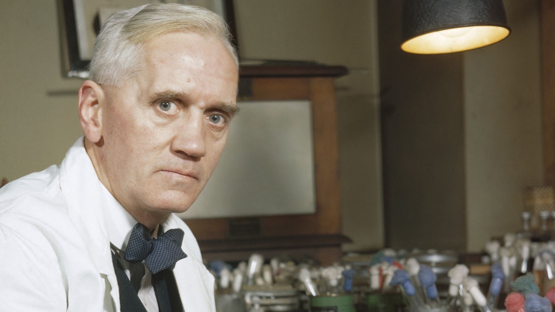 Synthetic Production of Penicillin
Professor Alexander Fleming, holder of the Chair of Bacteriology at London University, who first discovered the mould Penicillin Notatum. Here in his laboratory at St Mary's, Paddington, London (1943).