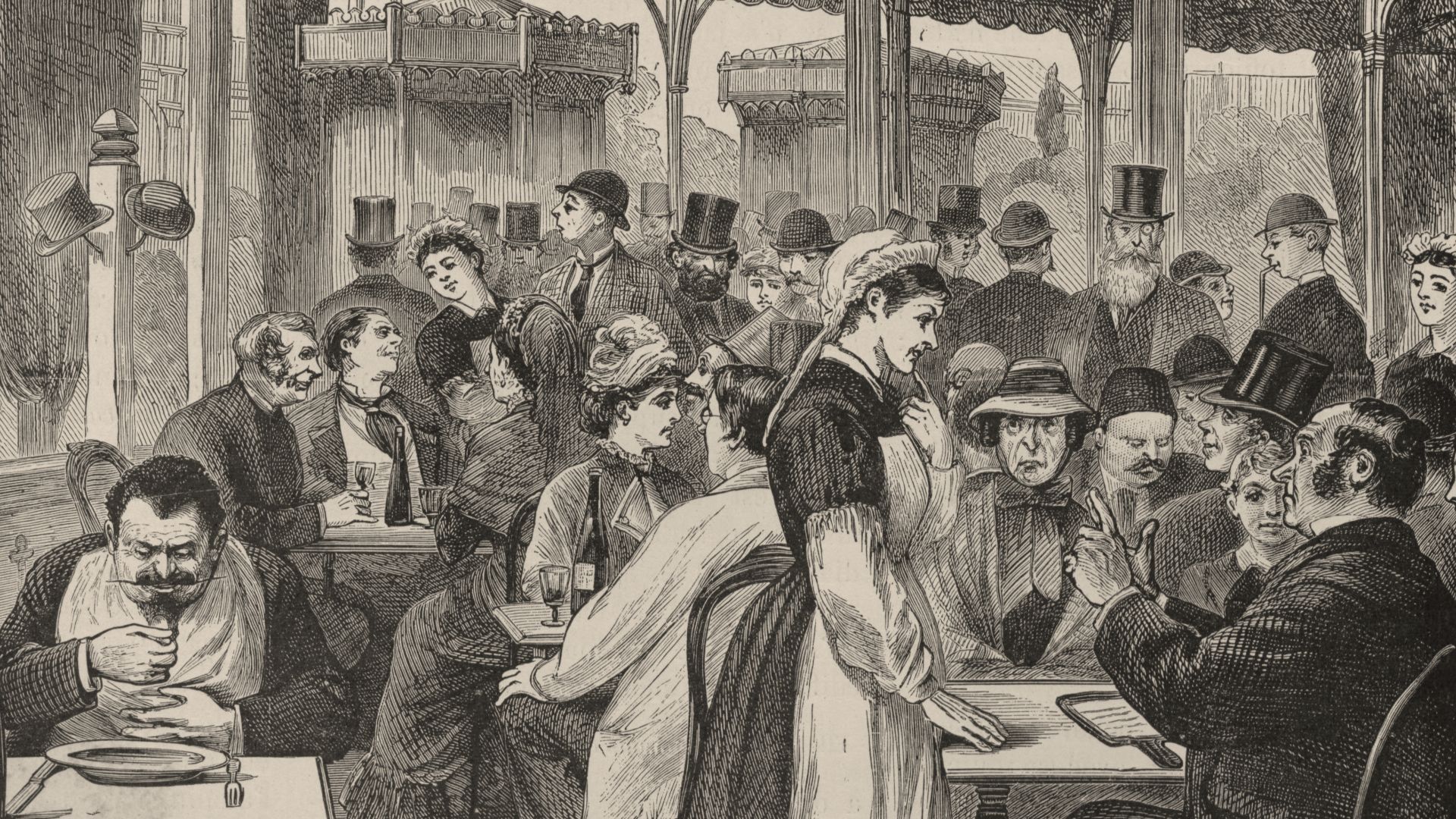 The restaurant Duval was one of the many eateries at the 1878 Paris World Fair. It was located next to the École militaire, on the Champ-de-Mars. Visitors from many different countries would come and have lunch there. The article accompanying this print a