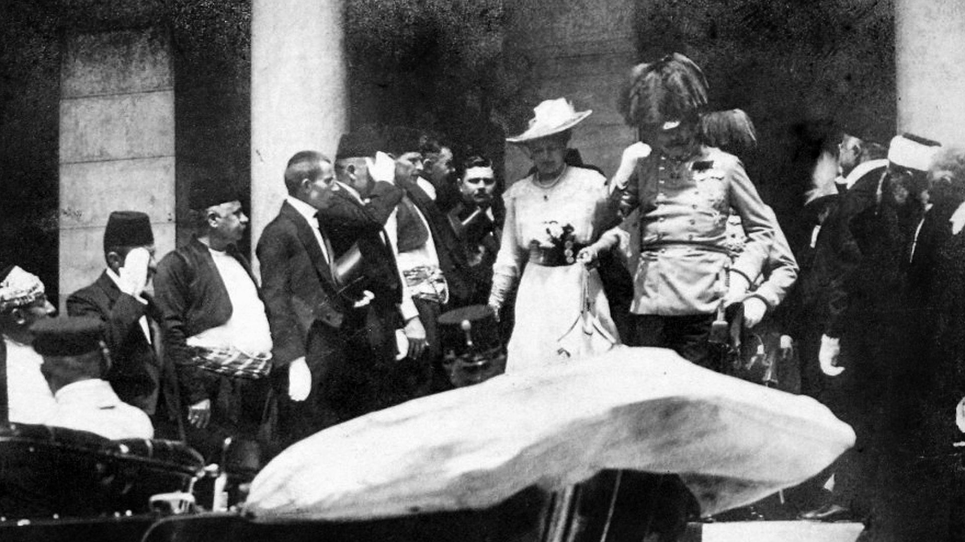 Franz Ferdinand and his wife Sophie leave the Sarajevo Guildhall after reading a speech on June 28 1914. They were assassinated five minutes later.
