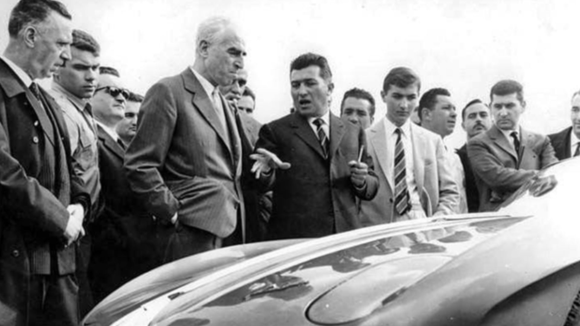 Ferrucio Lamborghini expalains the 350 GTV to motor journalist Giovanni Canestrini.