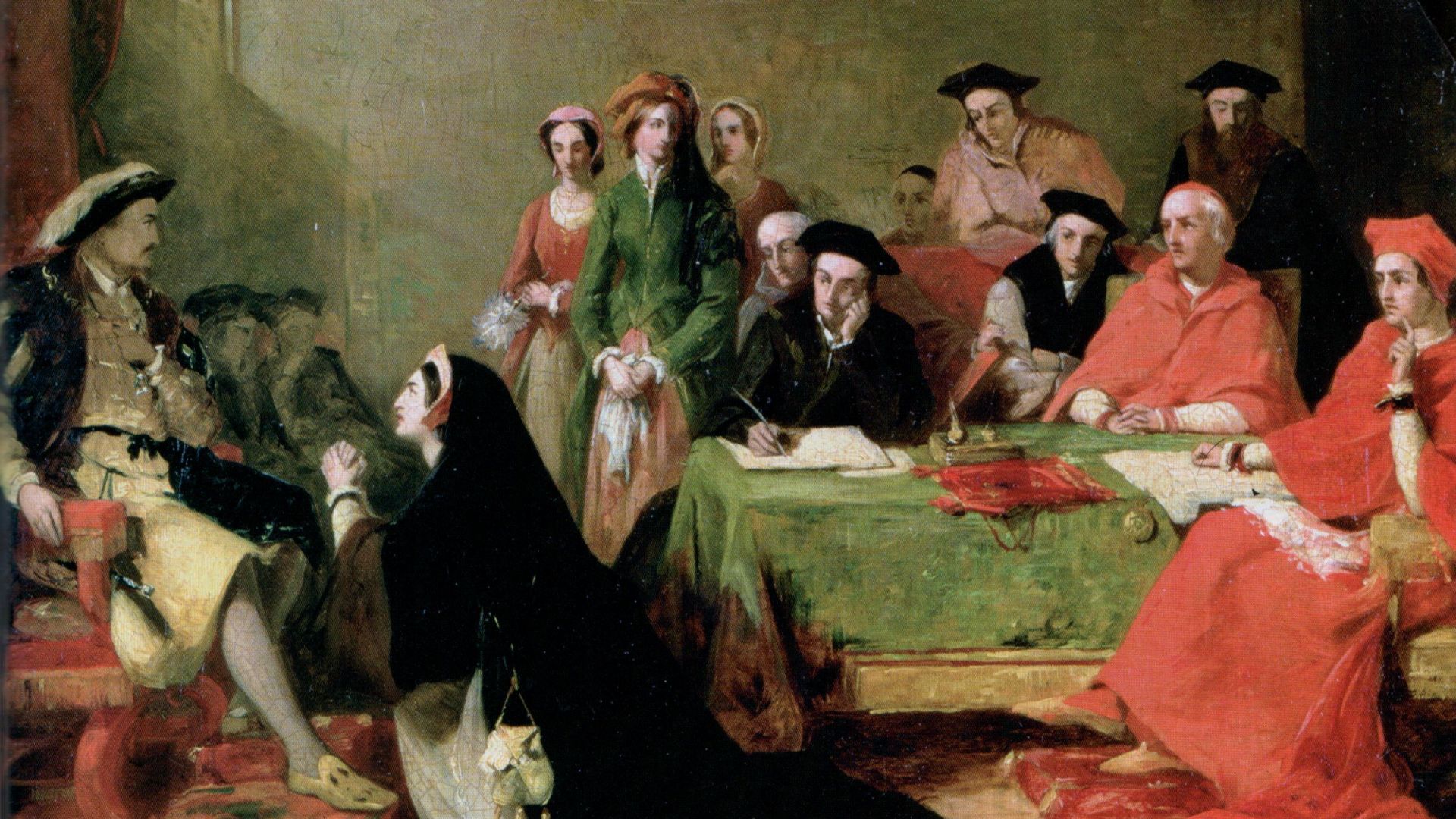Catherine of Aragon pleads her case against divorce from Henry VIII. Painting by Henry Nelson O'Neil.