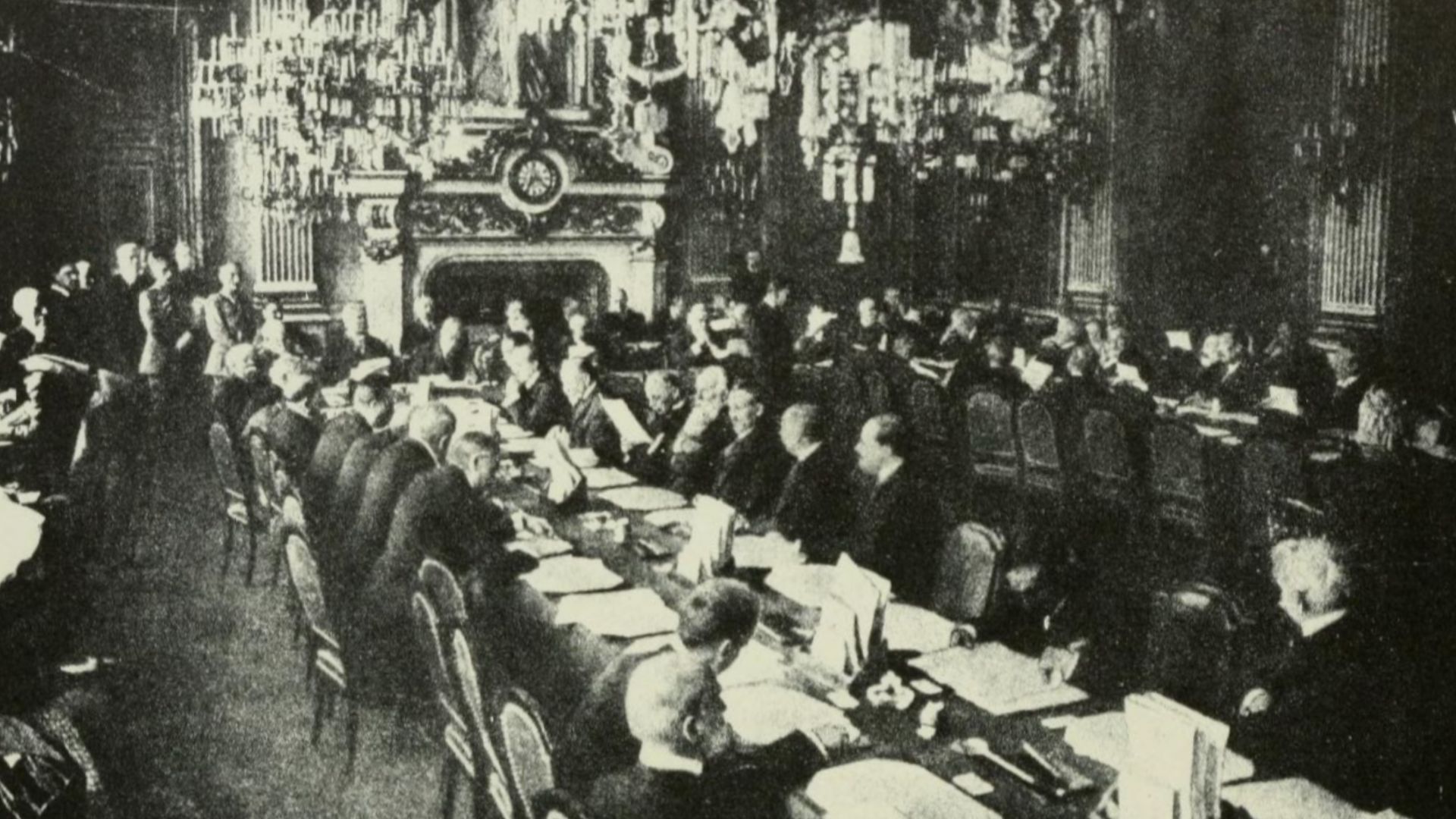 The first plenary (full) session of the peace conference, held in the Ministry of Foreign Affairs, Paris, on January 18, 1919.