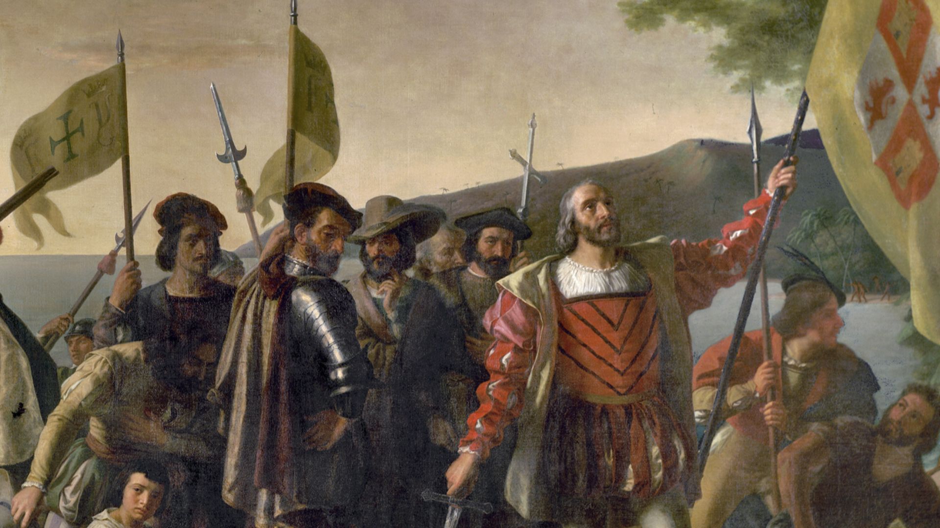 Christopher Columbus is depicted landing in the West Indies, on an island that the natives called Guanahani and he named San Salvador, on October 12, 1492. He raises the royal banner, claiming the land for his Spanish patrons, and stands bareheaded, with 