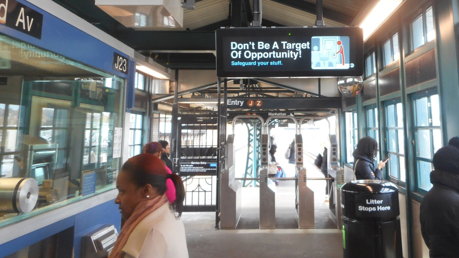 Scene from within the station house on the platform of the Norwood Avenue Elevated Railway station on the BMT Jamaica Line in Cypress Hills section of Brooklyn, New York City. This shot includes the ticket booth within the station house on the left. Note
