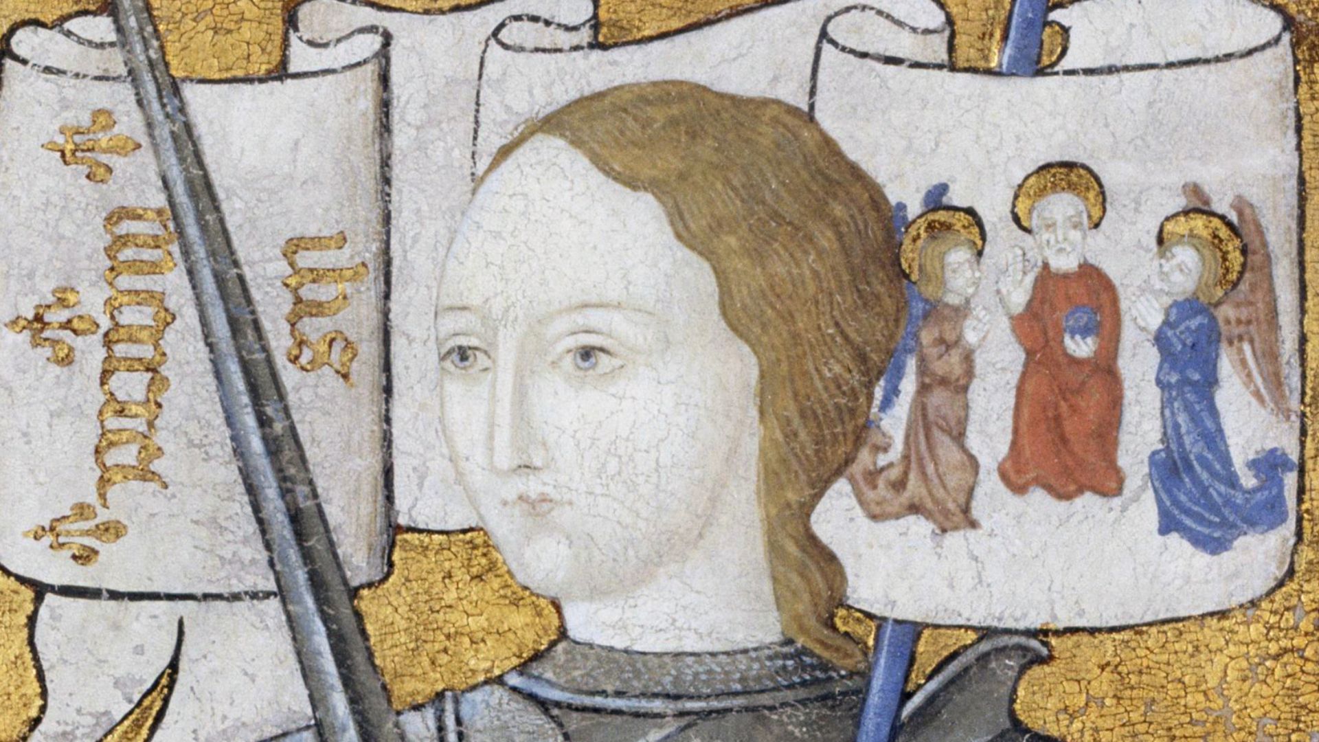 Joan of Arc depicted in an historiated initial. Miniature probably produced in the late 19th century by an anonymous artist, possibly the painter and collector Georges Spetz or the