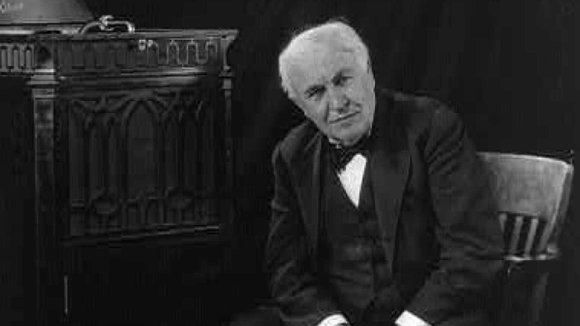 Title: Thomas Edison, seated beside phonograph
Abstract/medium: 1 photographic print.