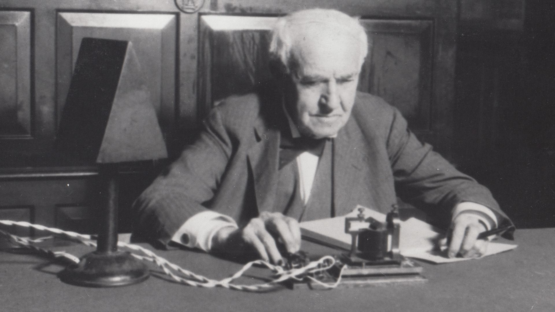 Thomas Edison at the telegraph key.
Keywords: thomas edison; telegraph; west orange; laboratory complex; building 5; building 5 interior; building 5 library; Edison; Thomas A.; (EDIS Historical Photo Series Name)