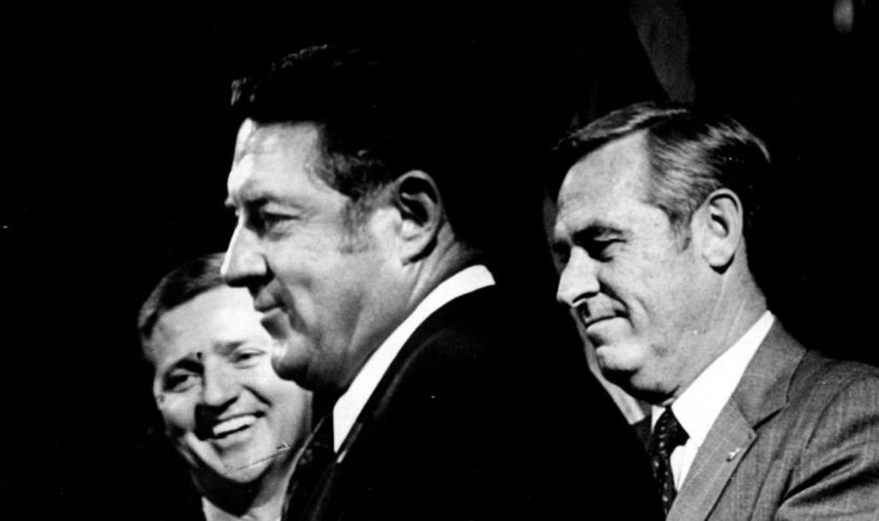 JUL 16 1973, JUL 22 1973 Outgoing Gov. John Love, right, Smiles his approval as Vanderhoof Officially takes over the state's highest office in Monday Ceremonies in House of Representatives chambers. Credit: Denver Post Inc