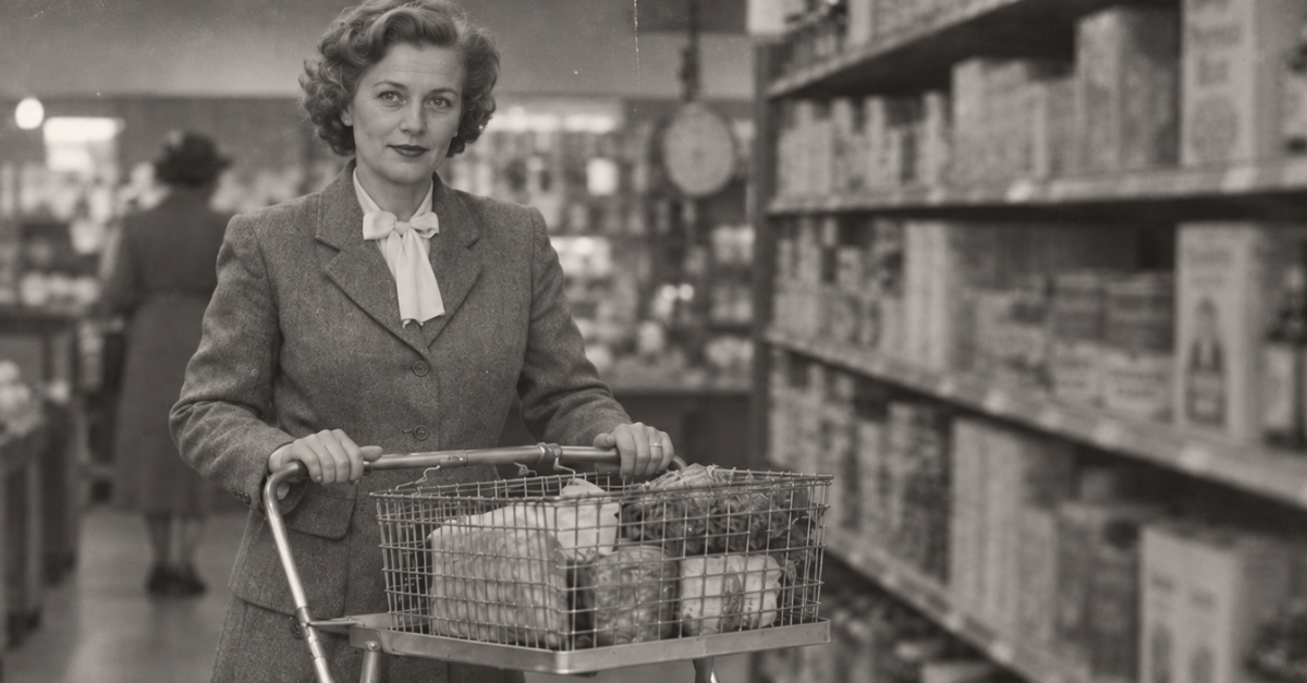 1930s grocery store, woman with shopping cart