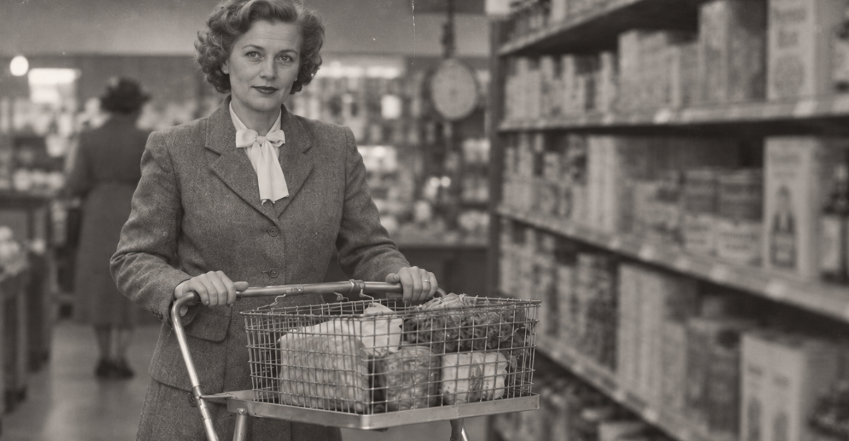 1930s grocery store, woman with shopping cart